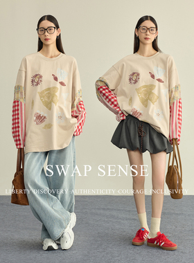 SWAP SENSE挚语拼境·复古撞色格纹印花早春设计感拼接休闲上衣女