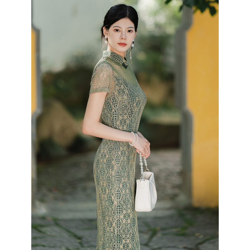 墨绿色鱼尾新款2023年轻款小个子气质少女小清新改版良新连衣裙夏