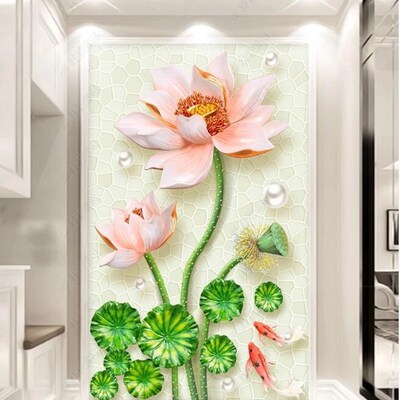 Papel de parede 3D stereo relieBf lotus fresh porch wallpape