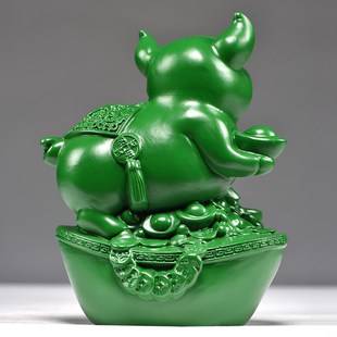 绿色木猪摆件木头猪饰品生肖木雕工艺品吉祥物Q实木质桌面客厅装