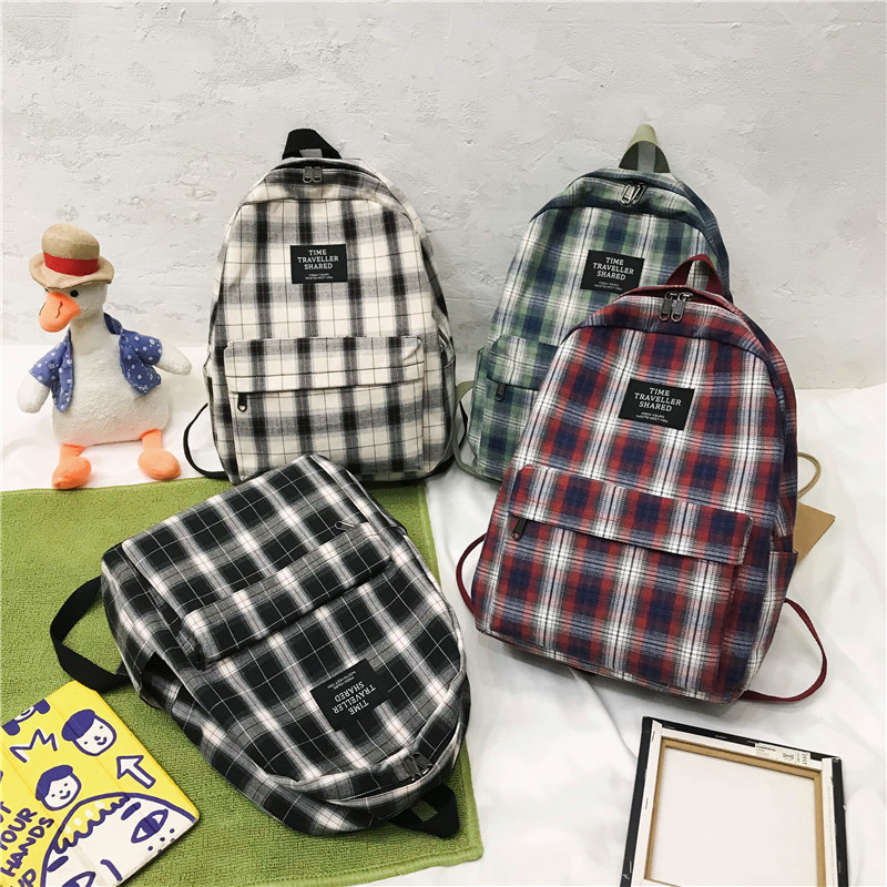 网红Students Backpack Women's Plaid Pattern School Bag Canva