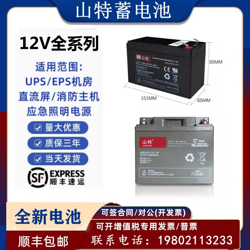 山特12V城堡系列铅酸免维护蓄电池C12-38 65 100M 120 150 200AH