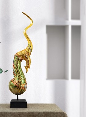 背景墙旁龙角摆件落地泰式v风格东南亚会所酒店木雕复古工艺品装