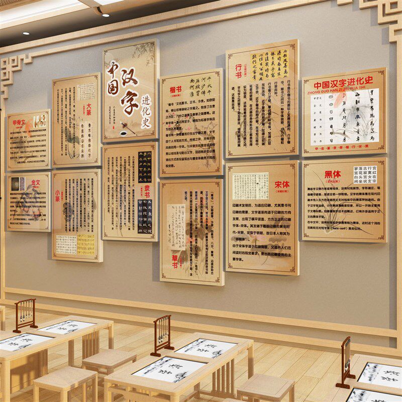 书法教室墙c面装饰品硬笔文化布置贴纸画背景班环创中国汉字进化