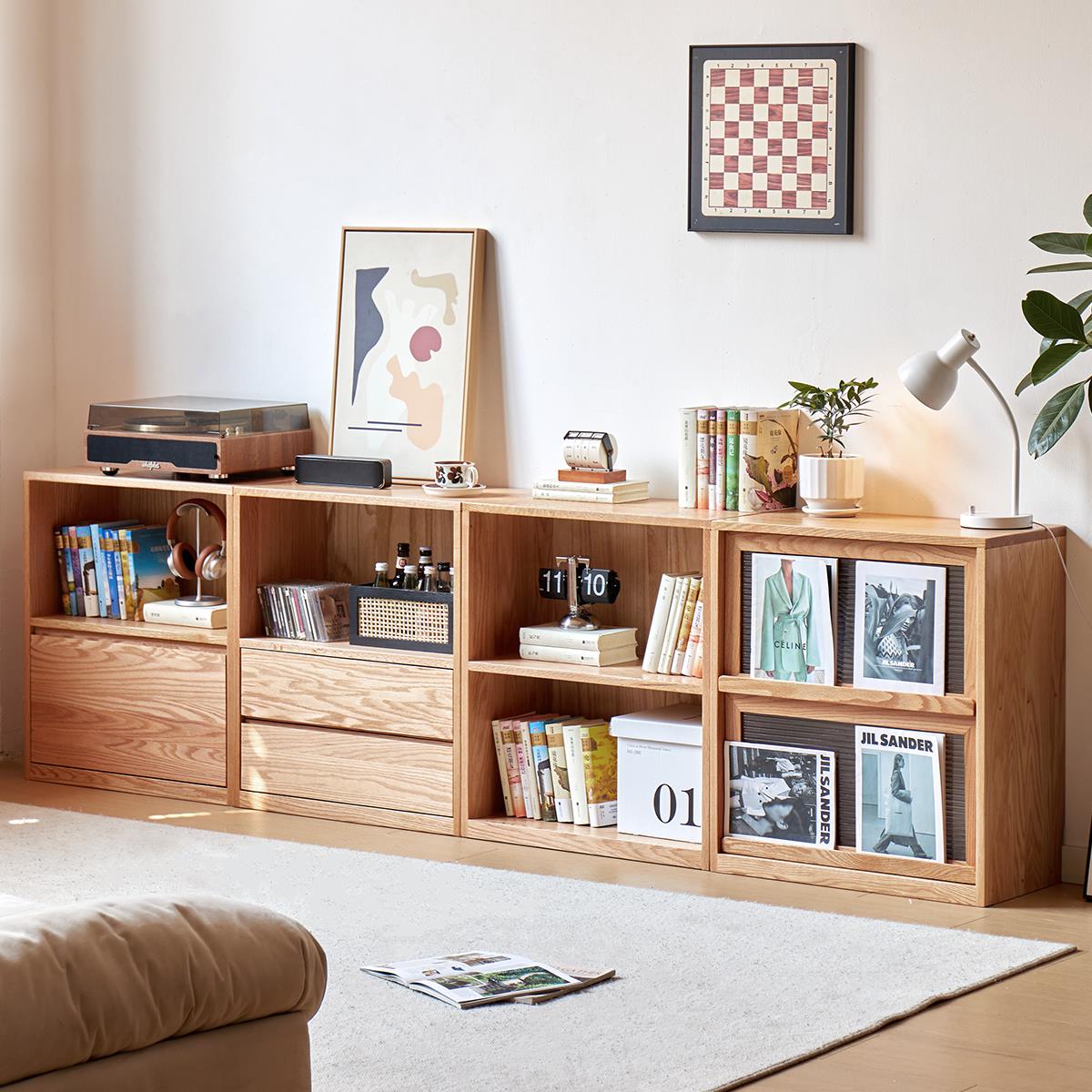 三两枝实木书柜置物储物柜橡木自由组合矮柜落地书架家用餐边柜新