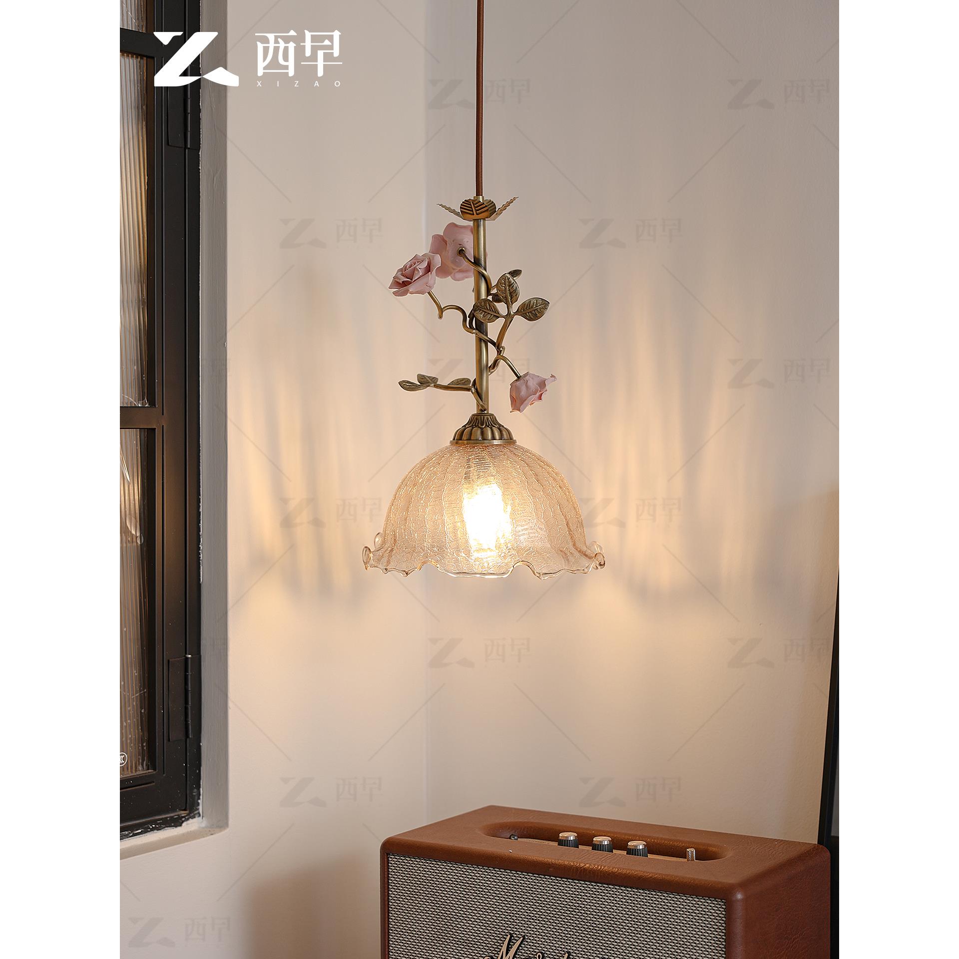 西早法式全铜床头吊灯玫瑰花小吊线灯过道吧台覆古艺术餐厅玻璃灯