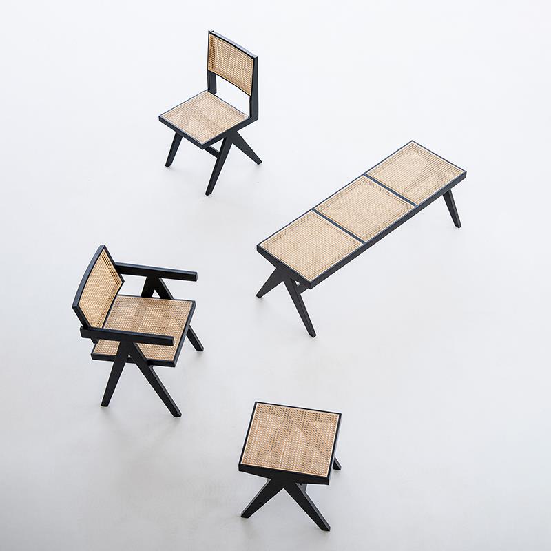 叁几 白蜡木真藤昌迪加尔椅靠背家用餐椅侘寂风凳子黑色藤编长凳