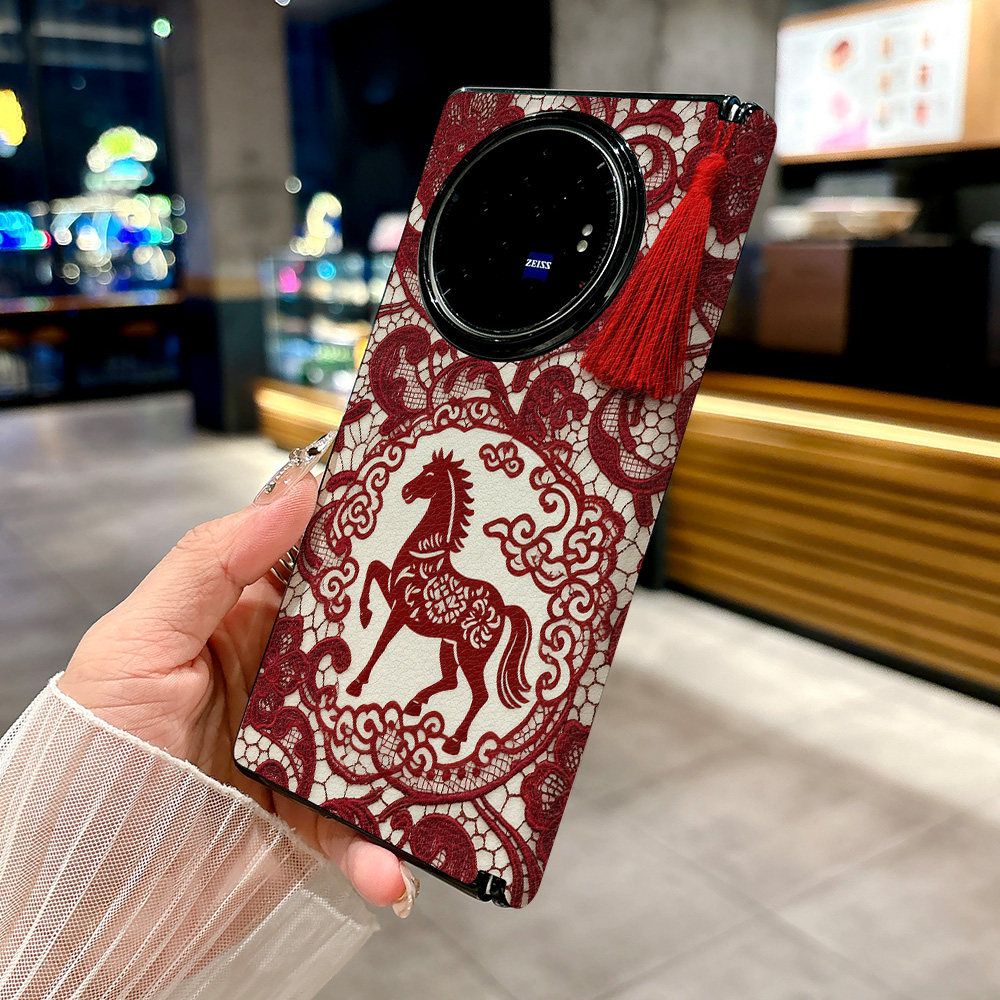 适用vivo X Fold5手机壳新款折叠屏XFold3 pro个性男高档防摔保护套高级中轴磁吸皮纹创意女马年红色蕾丝图案