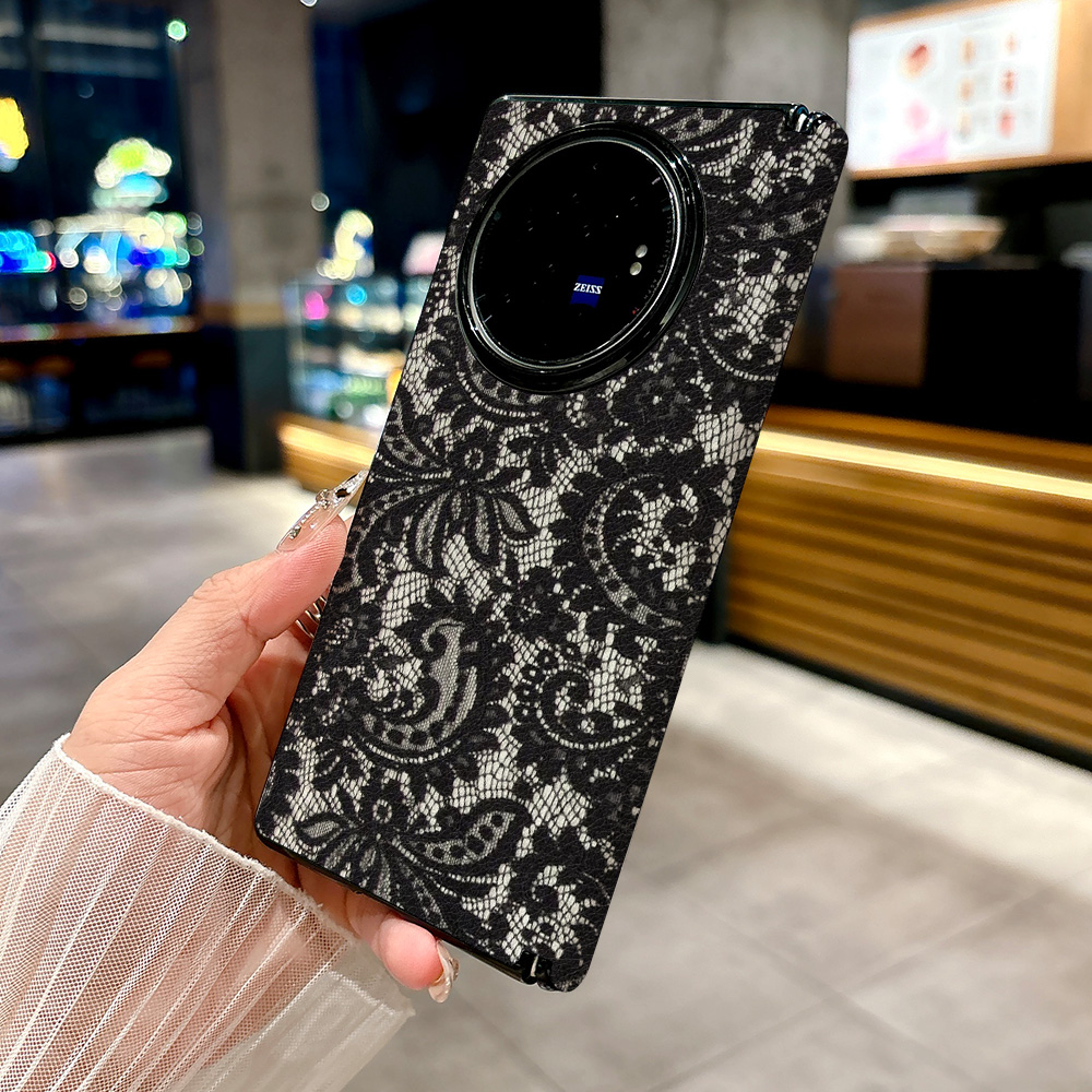 适用vivo XFold5手机壳新款折叠屏X Fold3 pro个性高档防摔保护套高级中轴磁吸皮纹创意女黑色蕾丝花纹图案