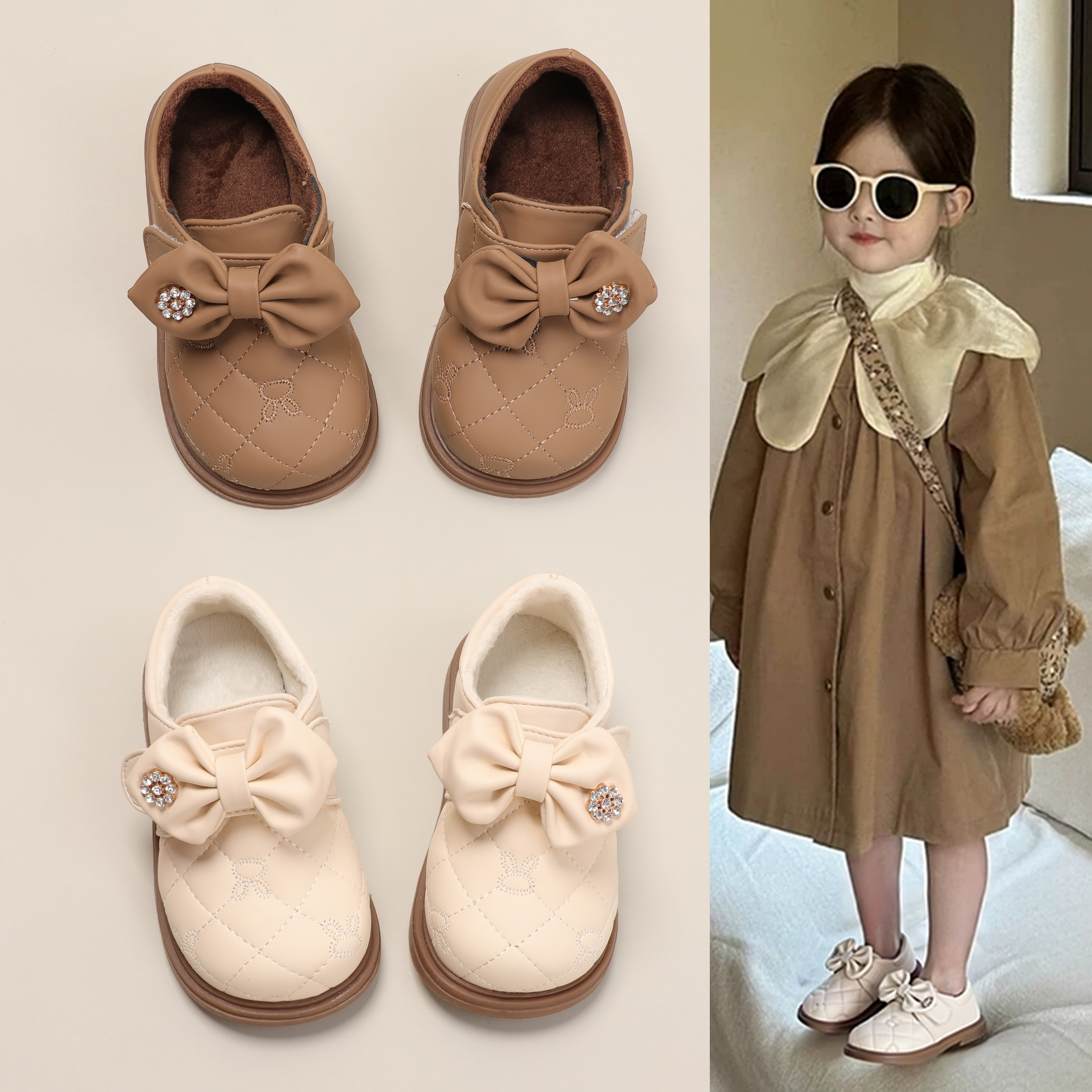 秋冬加绒女童甜美蝴蝶结公主鞋