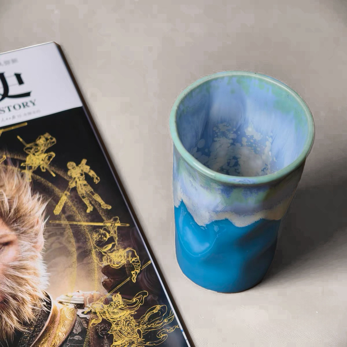 创意手绘陶瓷茶杯蓝色渐变晕染艺术杯家用功夫茶具单杯