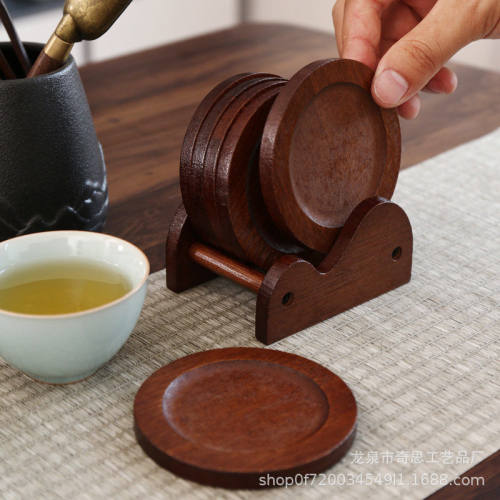 圆形复古胡桃色实竹茶杯套装收纳茶具茶道配件轻奢竹质隔热茶托