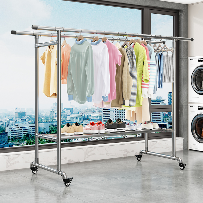 钢管晾衣架落地阳台家用挂衣架户外室外I晒被子简易T双杆水管凉衣