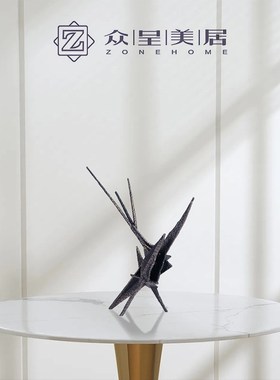 现代简约轻奢样板间n客厅玄关电视柜金属几何创意摆件树叶雕塑装