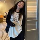 圆领插色袖 学院风字母印花黑白拼色长袖 T恤女秋冬新款 宽松上衣女