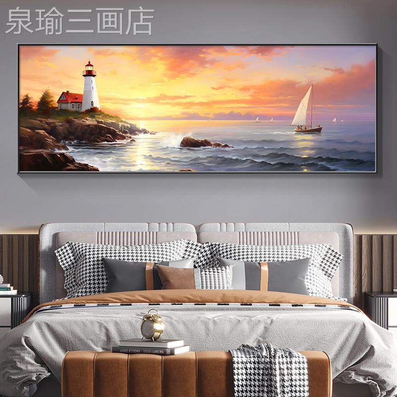 网红现代简约床卧室头装饰客厅发背景墙画画海上风景壁油沙画高档图片