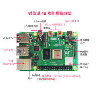 树莓派4代B型Raspberry pi 4B双频蓝牙5.0 WIFI 4K输出python套件