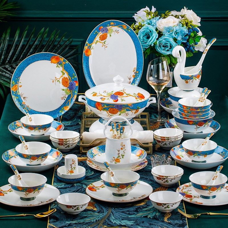 景德镇陶瓷餐具富贵石榴家用欧式G金边骨瓷碗碟套装碗盘子,餐饮具,碗,淘宝优惠券,粉丝福利购,淘宝优惠卷