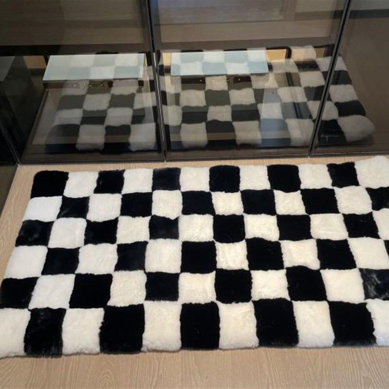 棋盘格仿兔毛轻奢地毯卧室短v毛地垫ins坐垫衣帽间方格毛毯可定制