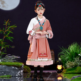儿童藏族舞蹈演出服少数民族服装女童藏袍民族风西藏传统服饰袍子
