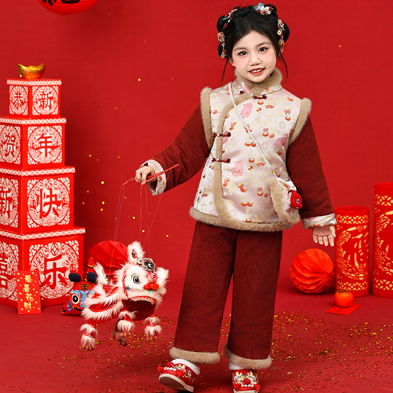 女童中国风汉服套装冬季加绒加厚拜年服宝宝新年过年红色保暖衣服