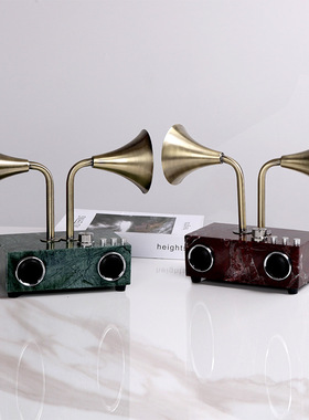 简约复古留声机大理石双头播音机摆件样板间玄关柜W电视柜软装饰