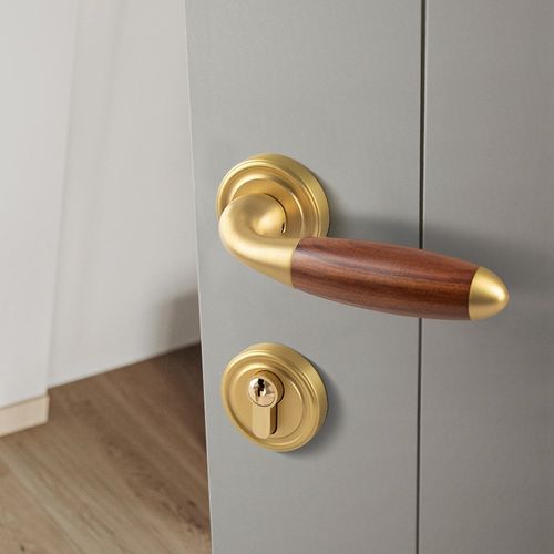 黄铜室内门锁木纹卧o室静音房门锁家用法式分体磁吸锁实木门把手