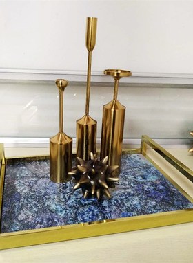 钛金色五金木板印花托o盘家装轻奢现代简约创意软装饰品样板房摆