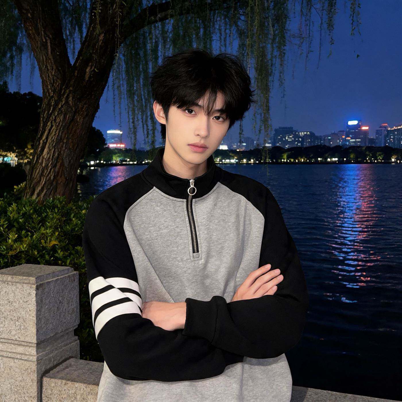 美式半高领卫衣男春秋款潮牌宽松青少年初中高中学生立领长袖t恤