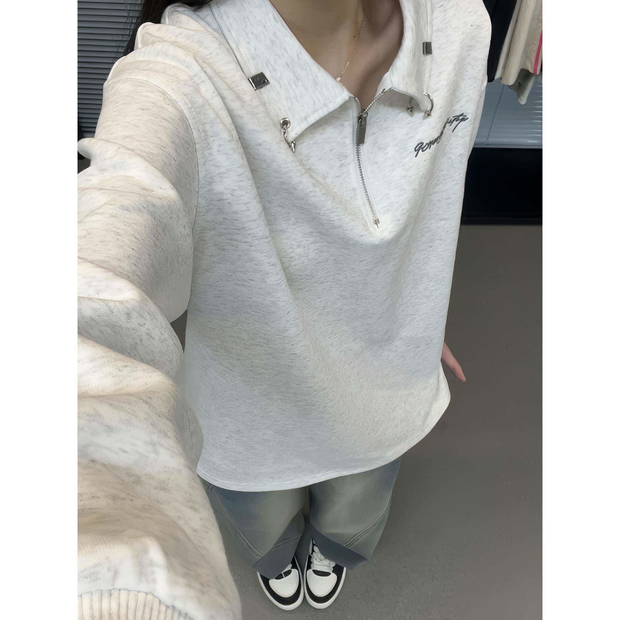白灰色超好看正肩polo衫男女早秋薄款半拉炼卫衣美式翻领内搭上衣