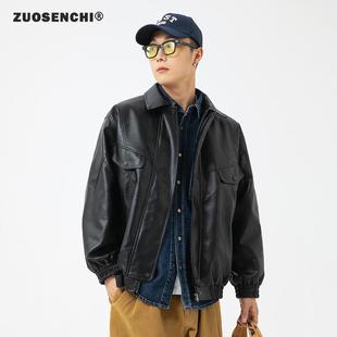 春秋季 休闲软皮夹克飞行员潮流防风皮外套 复古机车皮衣男宽松美式