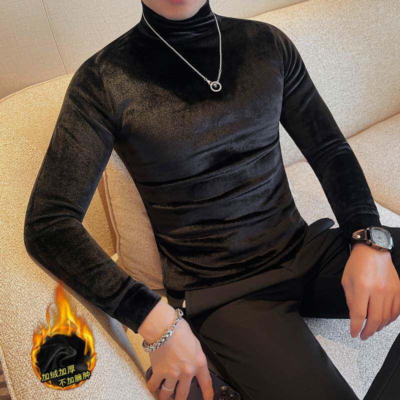 冬季款韩版修身男士半高领长袖T恤轻奢金丝绒加绒加厚中领打底衫