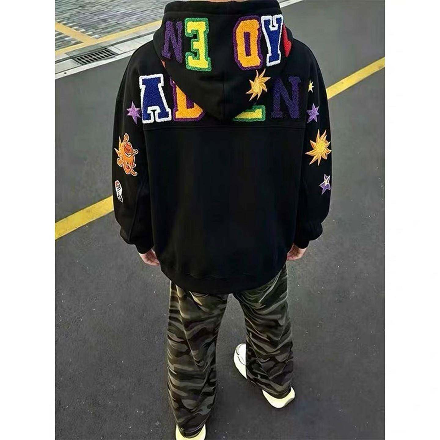 美式高街植绒字母刺绣连帽开衫卫衣男春秋薄款宽松拉链款情侣外套