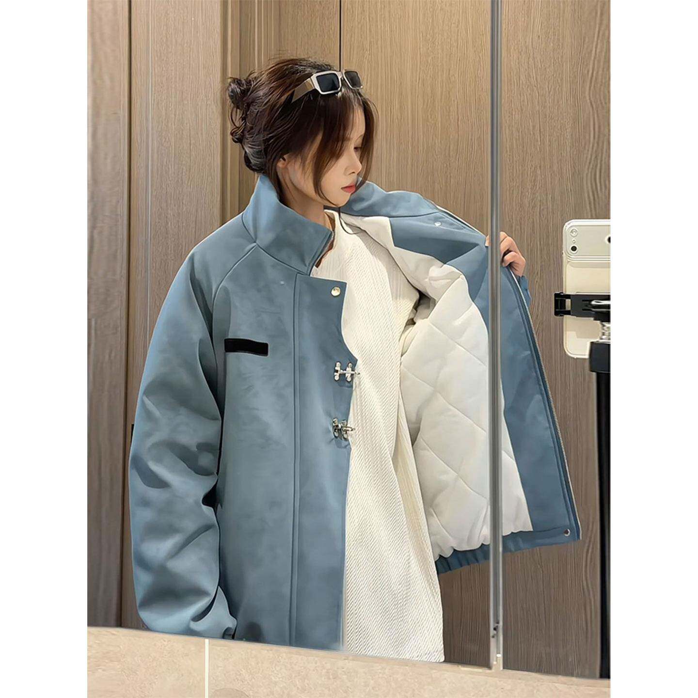 蓝色扎染皮衣夹克棉服男女款冬季新中式国风棉衣加棉加厚棉袄外套