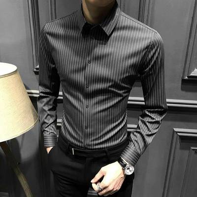 春秋新款无痕男士条纹衬衫高级长袖衬衣高端痞帅修身商务男装免烫