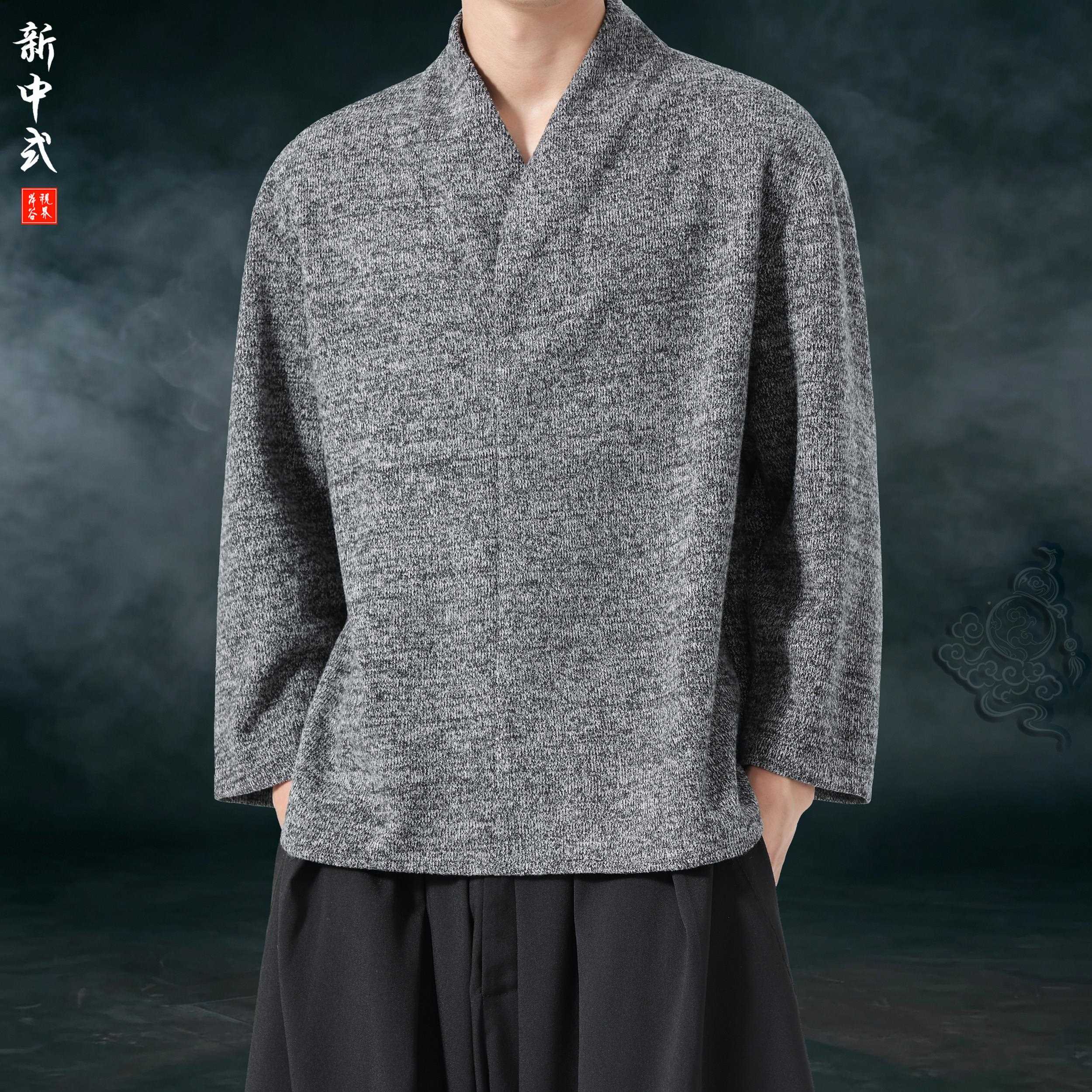 新中春服秋斜式襟良汉领改长袖内搭中国风男AG13362装宽松大码茶