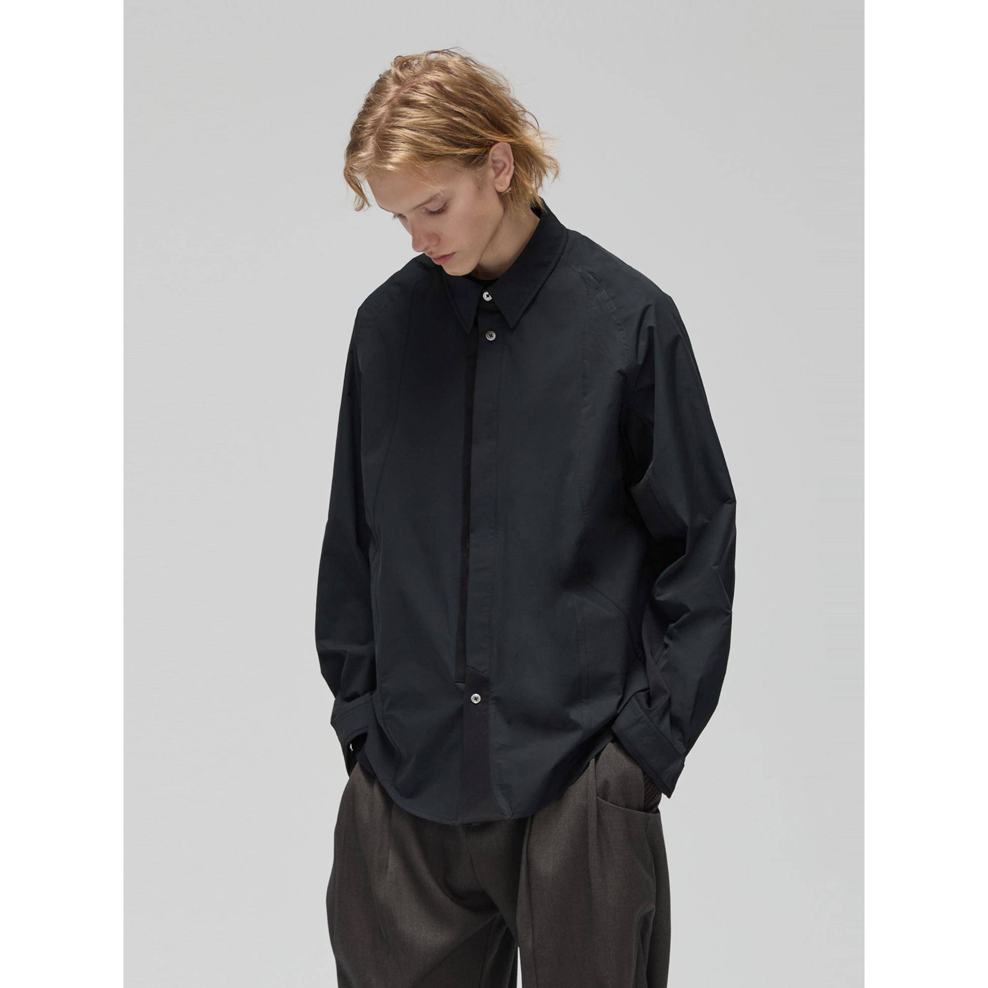 DECESOLO 24AW 日系多材质拼接宽松廓形衬衫潮流宽松尖领长袖外套