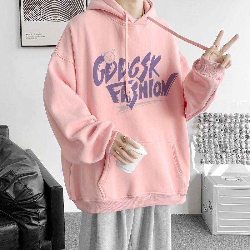 600G重磅粉色卫衣男春季印花宽松打底衫连帽加绒百搭外套情侣潮流