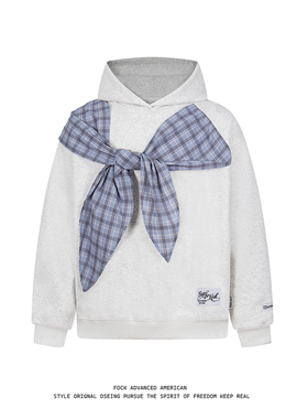 FOCK美式复古蝴蝶结格子绑带连帽卫衣男女宽松慵懒风设计情侣上衣