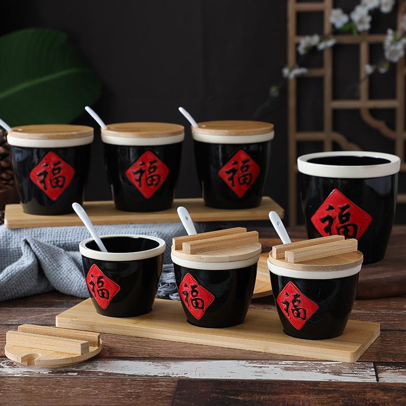 【旗舰店正品】创意中式盐罐粗陶小福字缸小酱缸福缸陶瓷调料调味