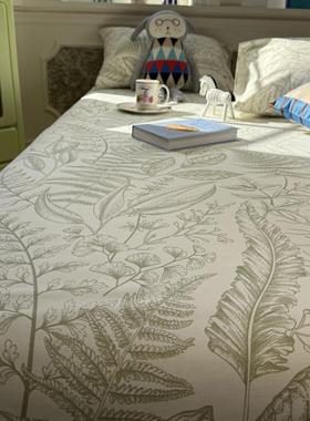 复古绿色小叶子全棉老粗布床单床笠单件亚麻棉麻保护罩少女心棉布