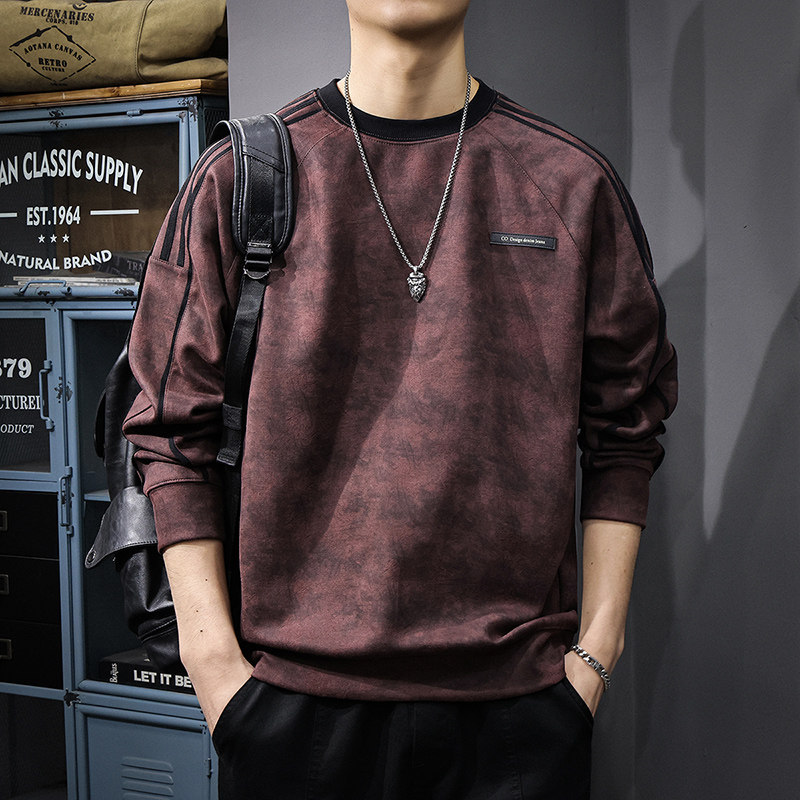 秋季新款麂皮绒重磅运动条纹卫衣男圆领套头美式潮流休闲百搭上衣