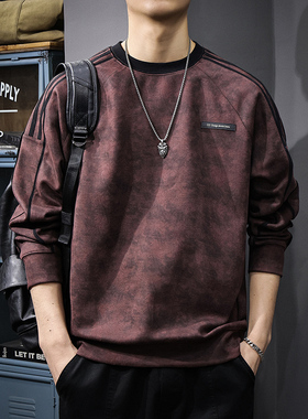 秋季新款麂皮绒重磅运动条纹卫衣男圆领套头美式潮流休闲百搭上衣