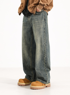 Ceecuz重工褐洗泥染直筒牛仔裤男春秋新款美式复古宽松阔腿长裤子