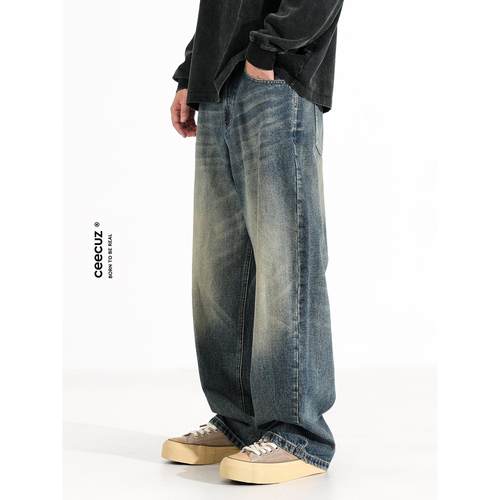 Ceecuz 美式复古vintage垂感宽松阔腿牛仔裤男款水洗做旧直筒长裤
