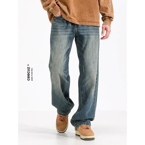 Ceecuz垂感直筒牛仔裤男春秋新款美式复古做旧宽松阔腿休闲长裤子