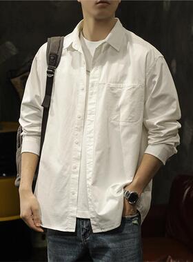 少年感白色衬衣男长袖潮牌纯棉衬衫男春秋工装外套2025新款上衣服