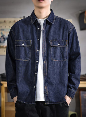秋季新款纯棉长袖牛仔衬衫男宽松美式休闲衬衣复古潮牌多口袋外套