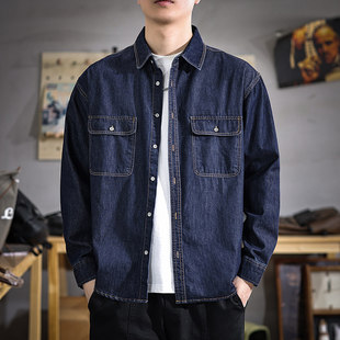 男宽松美式 秋季 牛仔衬衫 纯棉长袖 休闲衬衣复古潮牌多口袋外套 新款