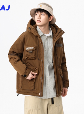 冬季新款美式户外连帽羽绒服男宽松大口袋防寒保暖工装夹克外套潮